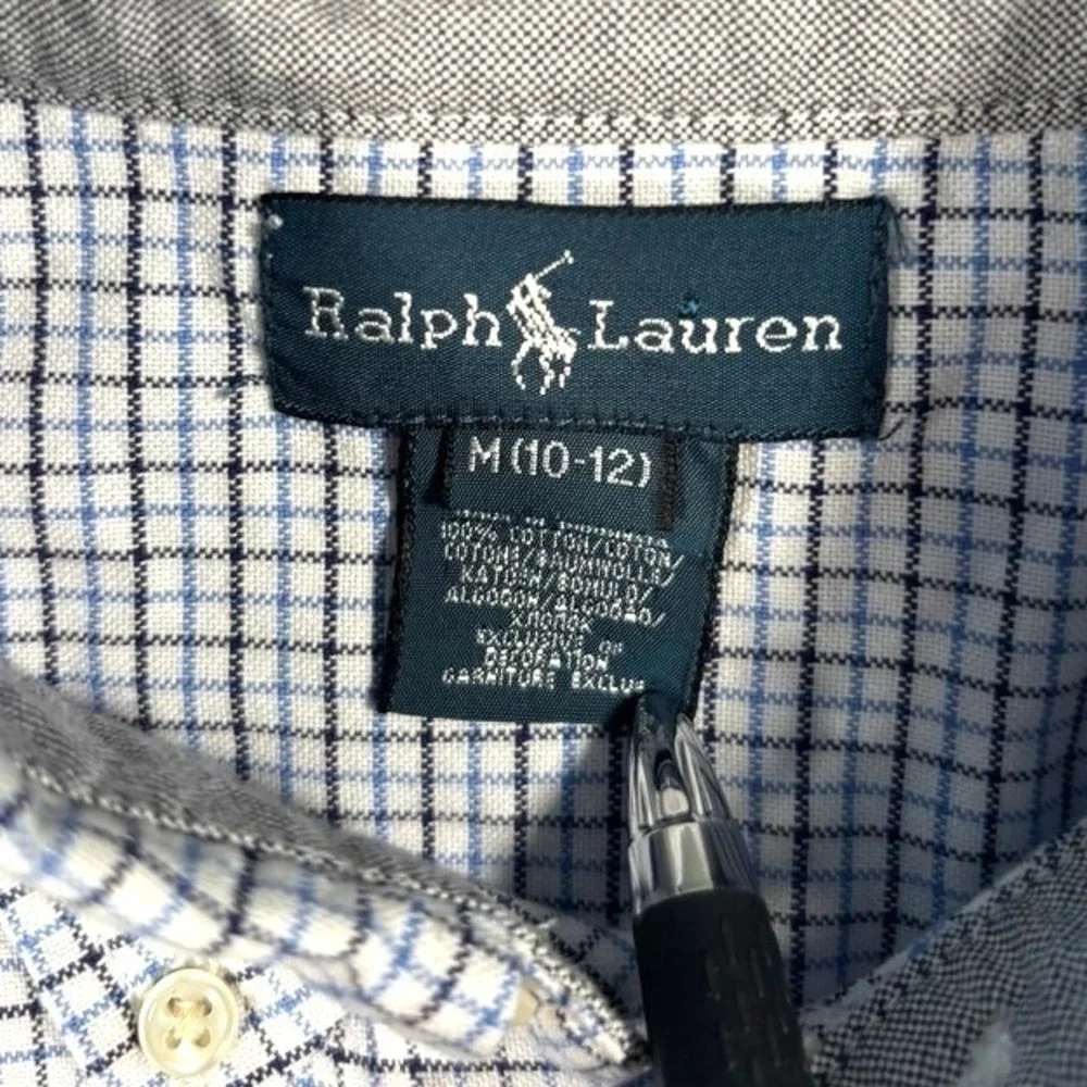 Ralph Lauren Boys Blue White Tattersall Check Button‎ Down Shirt Size M 10-12